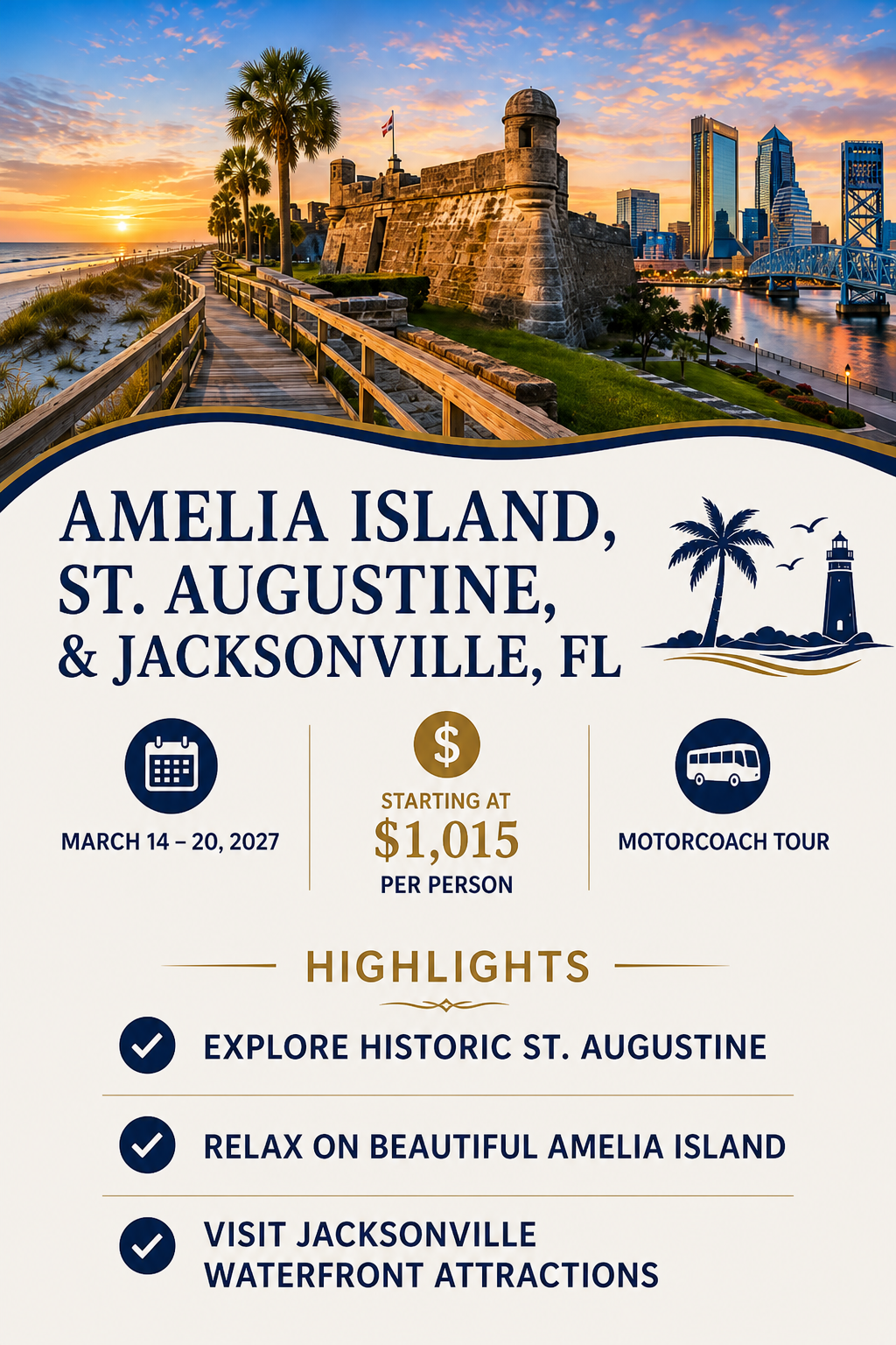 Amelia Island, St. Augustine and Jacksonville motorcoach tour, March 14–20, 2027