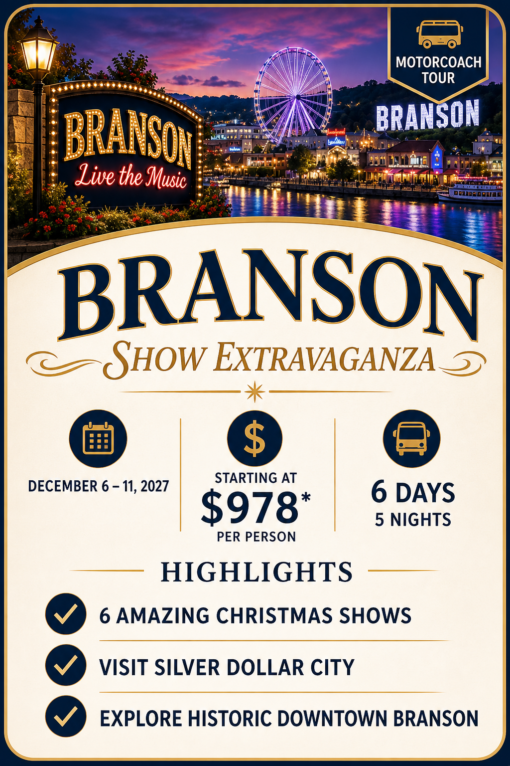 Branson Show Extravaganza motorcoach tour, December 6–11, 2027