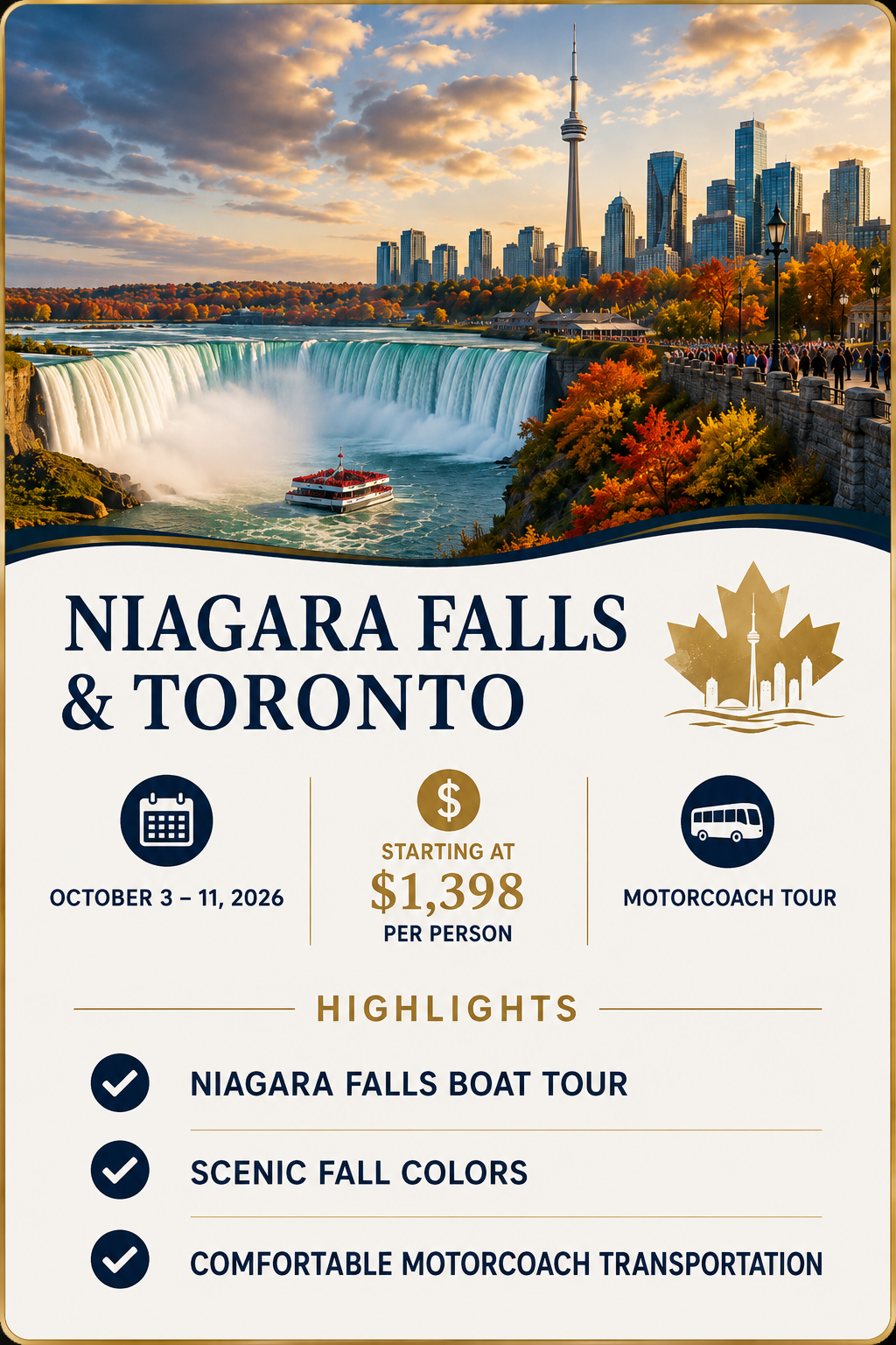 Niagara Falls and Toronto motorcoach tour, October 3–11, 2026