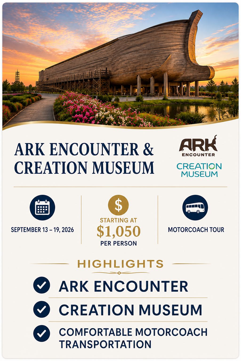 Ark Encounter and Creation Museum motorcoach tour, September 13–19, 2026