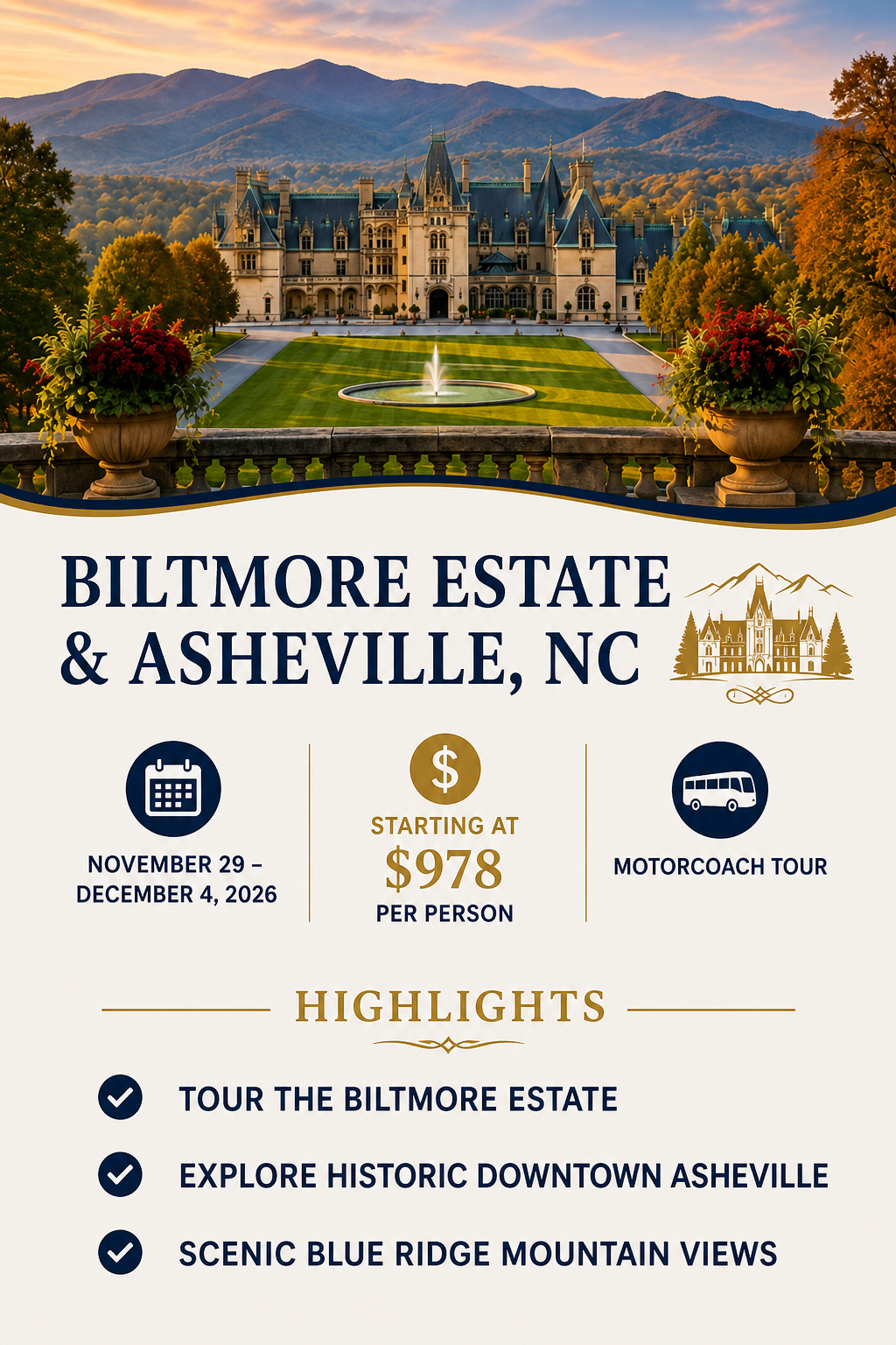 Biltmore Estate and Asheville motorcoach tour, November 29–December 4, 2026