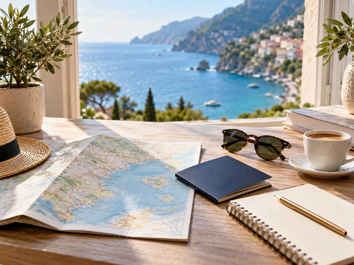Travel planning desk overlooking a beautiful coastal destination