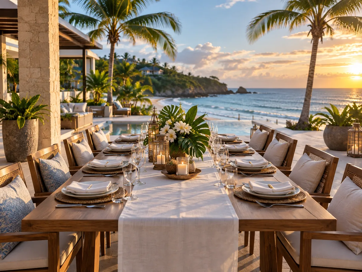Beachfront resort dining table prepared for group travelers