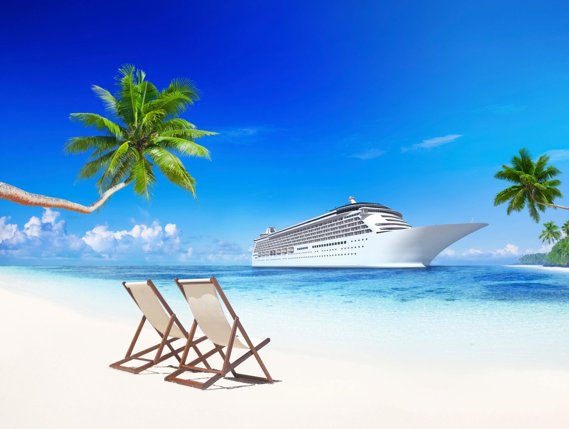 Ocean cruise ship sailing near a scenic coastal destination